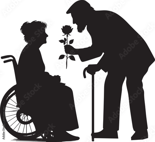 A old man giving a rose to his old girlfriend silhouette vector art illustration on Valentines day