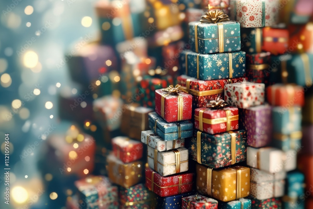 Tower of Festive Gift Boxes with Sparkling Lights Tower of Festive Gift Boxes with Sparkling Lights