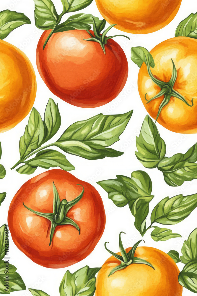 Fresh tomatoes and oranges with green leaves on white background Fresh tomatoes and oranges with green leaves on white background