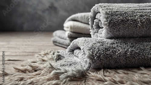 White shower towel texture. Fluffy carpet background. Blank bathroom textile. Warm sweater natural material. Soft baby fabric backdrop detail. Grey flat surface. Home canvas design photo