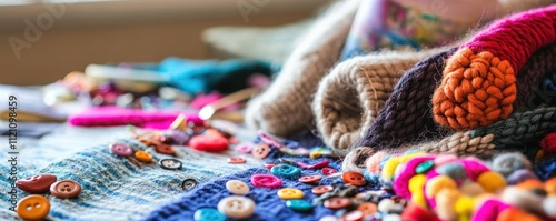 Wallpaper Mural A colorful assortment of buttons and yarn on a crafting surface. Torontodigital.ca