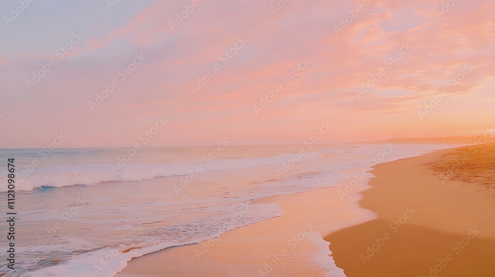 A tranquil beach at sunset with soft waves lapping the shore and the sky painted in shades of pink and orange A tranquil beach at sunset with soft waves lapping the shore and the sky painted in shades of pink and orange