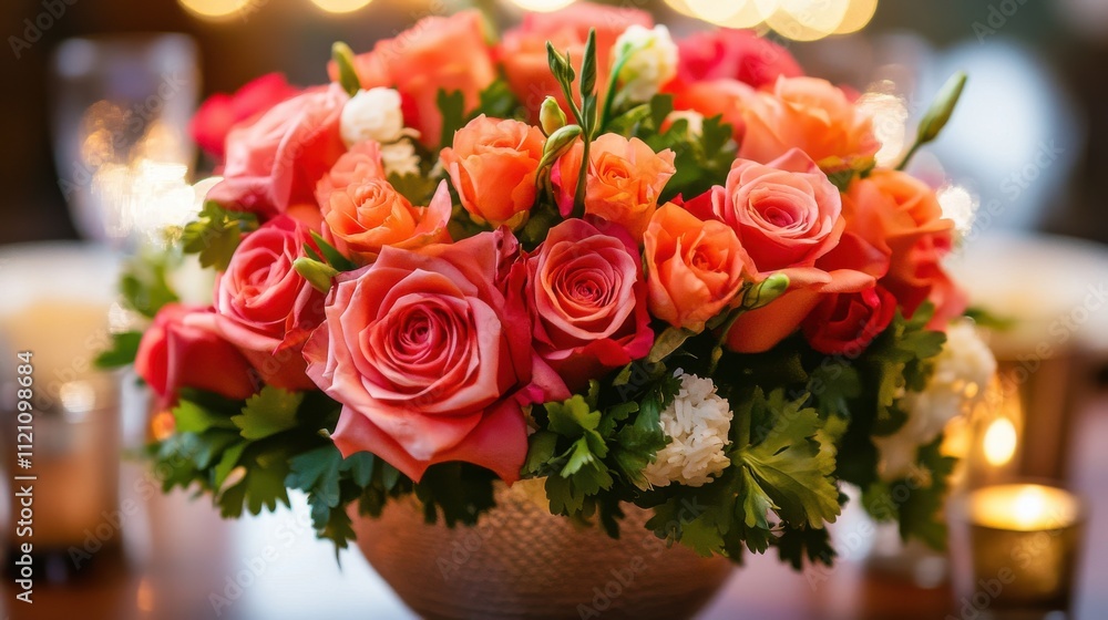 Obraz premium Romantic Peach Roses Centerpiece Elegant Wedding Floral Arrangement