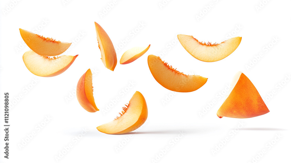 Fototapeta premium Juicy Peach Slices Falling White Background Fresh Fruit