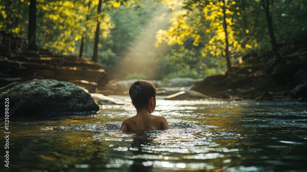 Childs Back in Forest Stream, Sunlight, Nature, Summer, Water, Boy, Cool, Refreshing, Outdoors, Joy Childs Back in Forest Stream, Sunlight, Nature, Summer, Water, Boy, Cool, Refreshing, Outdoors, Joy