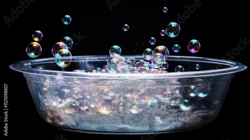 Plastic dishpan loaded with shimmering soap bubbles, each bubble reflecting tiny lights, isolated on deep black photo