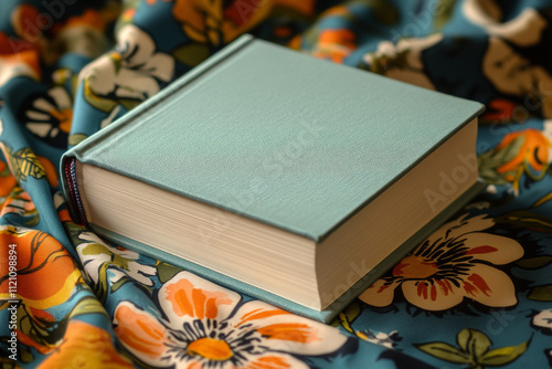 A teal hardcover book rests on a vibrant floral fabric. The book's simple elegance contrasts beautifully with the rich colors and patterns of the textile. photo