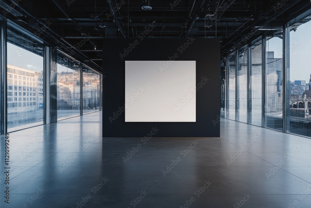 Blank canvas on black wall in modern gallery with city view. Blank canvas on black wall in modern gallery with city view.