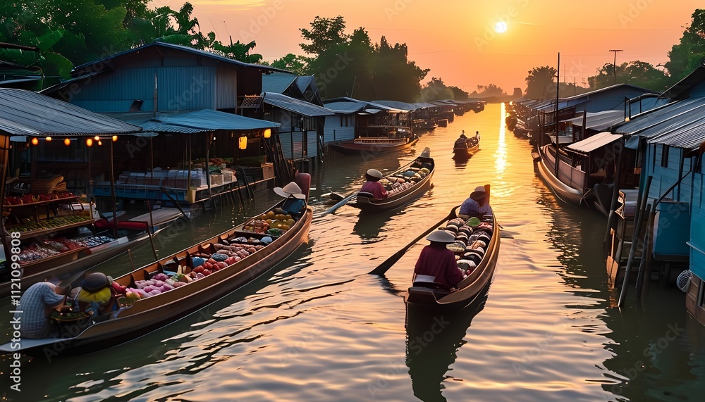 Obraz premium Busy floating market scene at sunrise amphawa thailand nature photography serene environment reflective viewpoint cultural experience