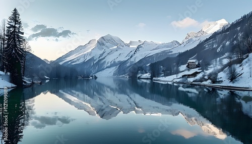 Wallpaper Mural Majestic snow-capped mountains reflected on serene lake at dawn alpine region landscape photography tranquil natural environment wide-angle view peaceful scenery Torontodigital.ca