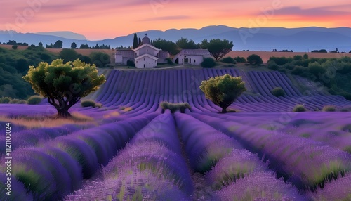 Lavender fields blooming at sunset in provence francea stunning landscape photography experience capturing nature's beauty and tranquility photo