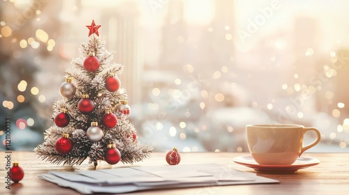 a small christmas tree on an office table