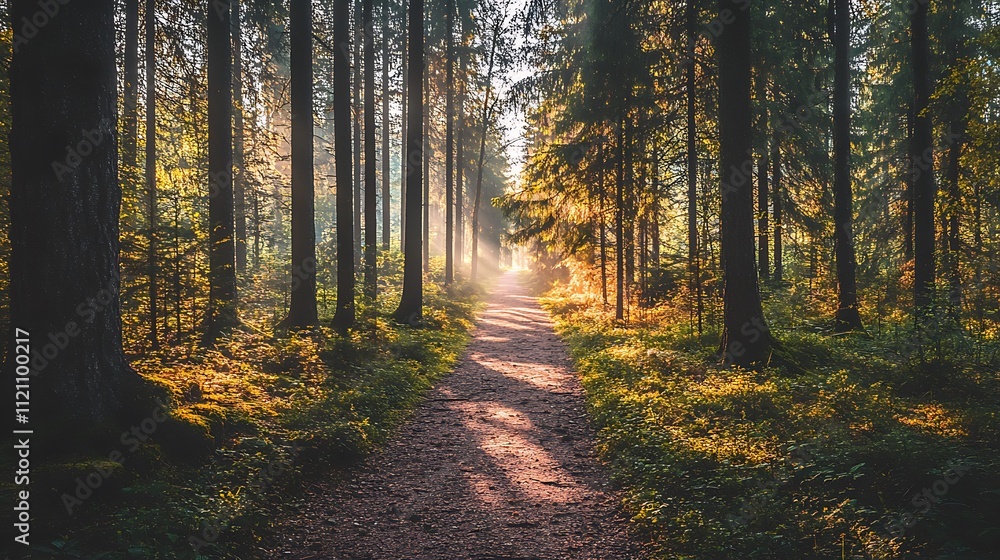 A tranquil forest trail with tall trees on either side and sunlight streaming through the canopy A tranquil forest trail with tall trees on either side and sunlight streaming through the canopy