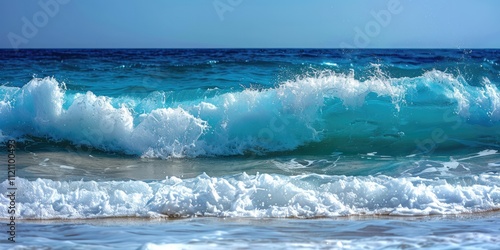 Fototapeta Naklejka Na Ścianę i Meble -  front view deep water wave beach sea ocean foam bubble flow ripple turbulent horizontal sky blue