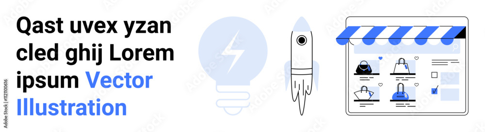 Lightbulb with electric icon, rocket, and online shopping platform with various products. Ideal for innovation, startup growth, e-commerce, online business, creativity, technology entrepreneurship Lightbulb with electric icon, rocket, and online shopping platform with various products. Ideal for innovation, startup growth, e-commerce, online business, creativity, technology entrepreneurship