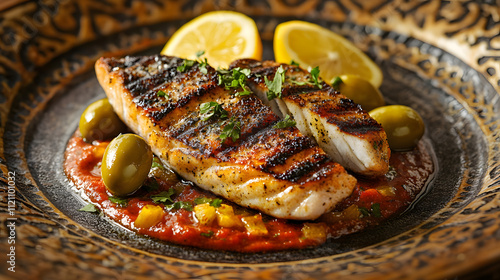 Exquisite Grilled Mackerel with Chermoula Sauce on a Stunning Moroccan Plate: A Feast of North African Culinary Excellence photo