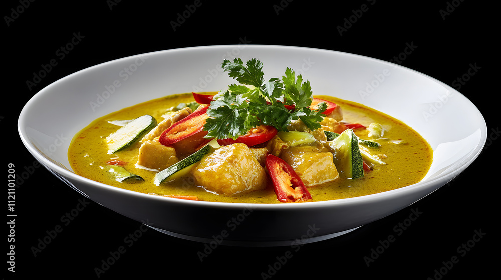 A Sumptuous Bowl of Thai Green Curry with Tender Chicken and Fresh Vegetables Exuding an Air of Exotic Delights A Sumptuous Bowl of Thai Green Curry with Tender Chicken and Fresh Vegetables Exuding an Air of Exotic Delights