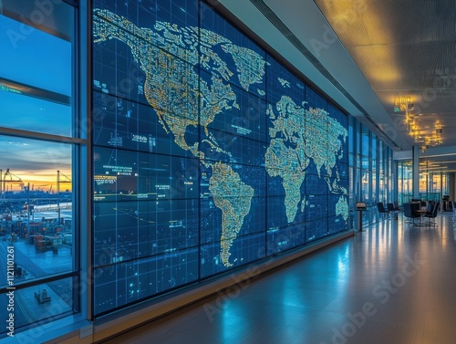 Global interactive digital map display in modern airport terminal high-tech environment futuristic conceptual design
