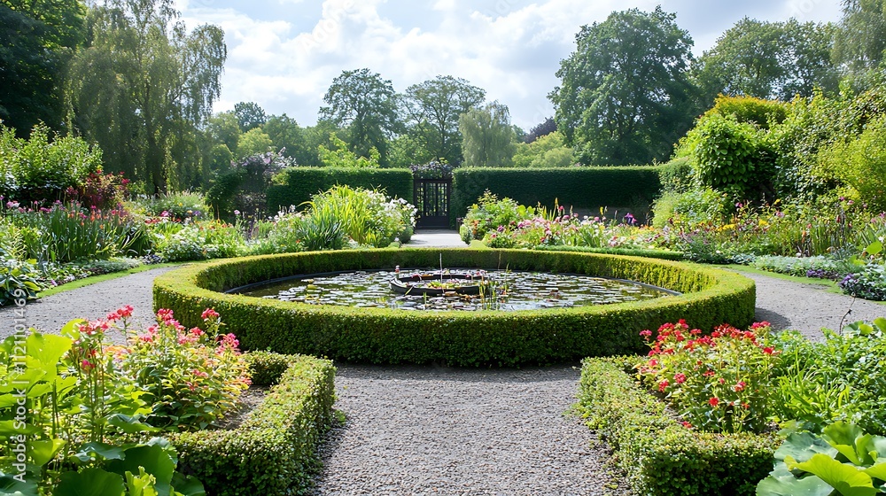 Fototapeta premium A tranquil garden with neatly trimmed hedges, a small pond, and blooming flowers 