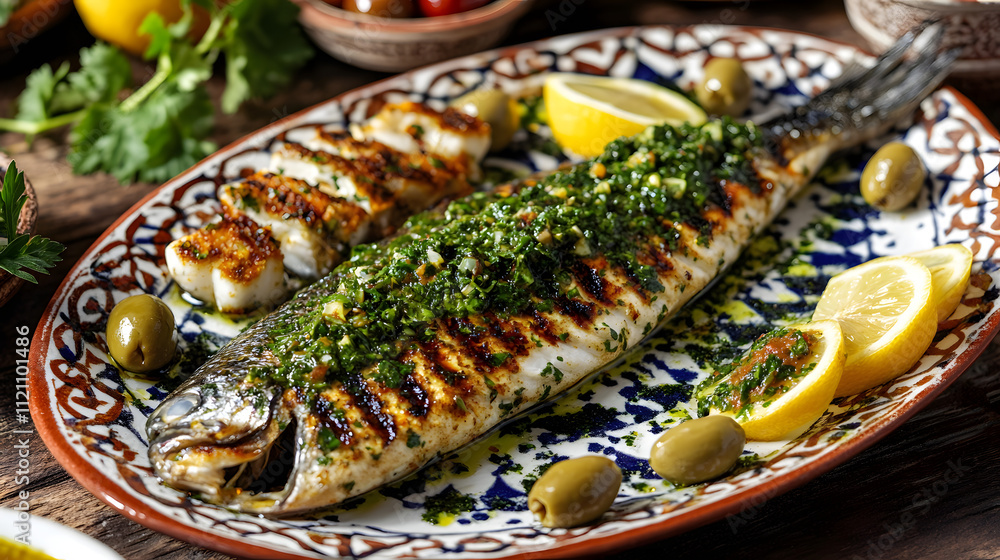 A Culinary Adventure: Grilled Mackerel with Chermoula Sauce on a Beautiful Moroccan Plate Highlighting North African Flavors A Culinary Adventure: Grilled Mackerel with Chermoula Sauce on a Beautiful Moroccan Plate Highlighting North African Flavors