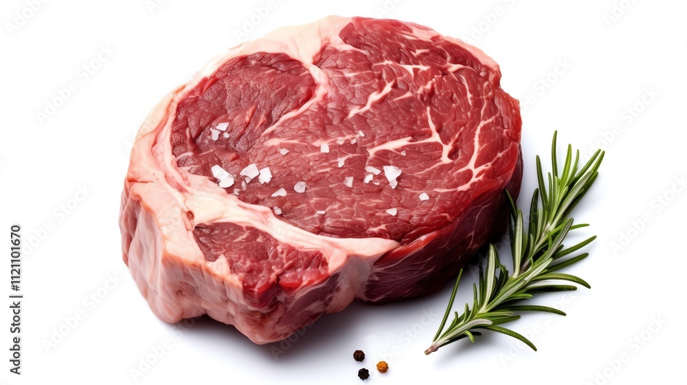 Obraz premium Raw ribeye steak seasoned with salt and pepper, garnished with rosemary sprig.