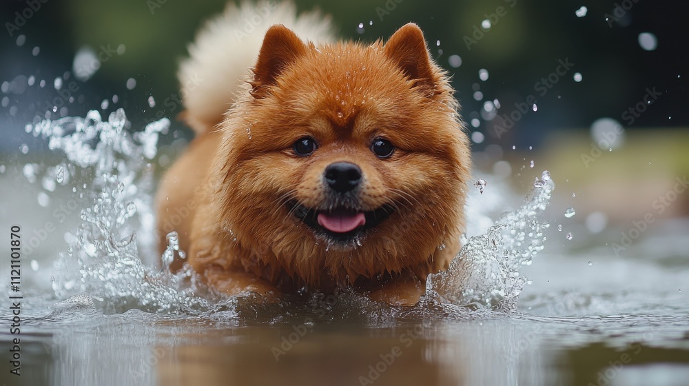Obraz premium Fluffy Pomeranian Dog Running Joyfully Through Water Splashes