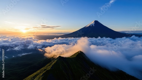 Majestic volcano eruption at sunrise mountainous landscape nature photography aerial view serenity and power