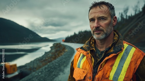 a middle-aged construction worker wearing an orange safety jacket standing on a road