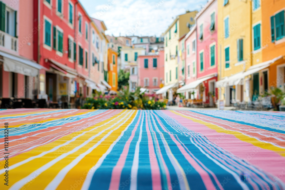 Fototapeta premium Vibrant street scene of colorful buildings with a focus on a striped textile laid across a table under a bright sky.