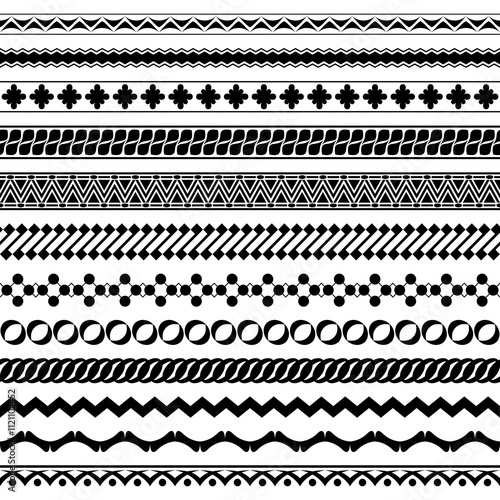 Vector set of seamless brushes in a modern style. Collection of narrow and wide borders with simple geometric patterns for certificates, friezes, frame, card, invitation, banner, printing on paper