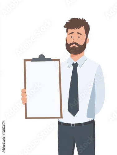 Frustrated businessman holding blank clipboard in office environment illustrative design professional concept focused viewpoint