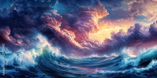 Fototapeta Naklejka Na Ścianę i Meble -  A dramatic sky with swirling clouds and high waves, illustrating the chaotic beauty of a perfect storm.