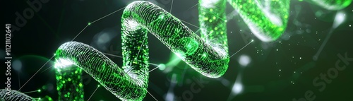 A vibrant, green DNA double helix motif glimmers against a dark background, symbolizing life, genetics, and scientific discovery.