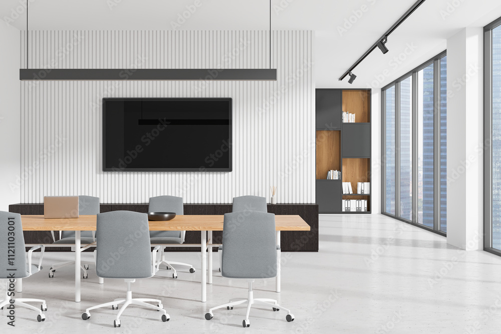 Modern office interior with wooden table, gray chairs, large TV, and bookshelf in bright open space, with large windows and white walls. 3D Rendering Modern office interior with wooden table, gray chairs, large TV, and bookshelf in bright open space, with large windows and white walls. 3D Rendering