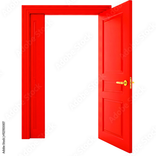 A bright red paneled door opens to a minimalist interior symbolizing new opportunities and vibrant beginnings with clean architectural details. Isolated on a transparent background

