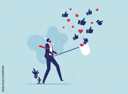 Social media marketing concept, Social media likes and subscribers increase, businessman with a net chasing flying away likes and thumb up icons