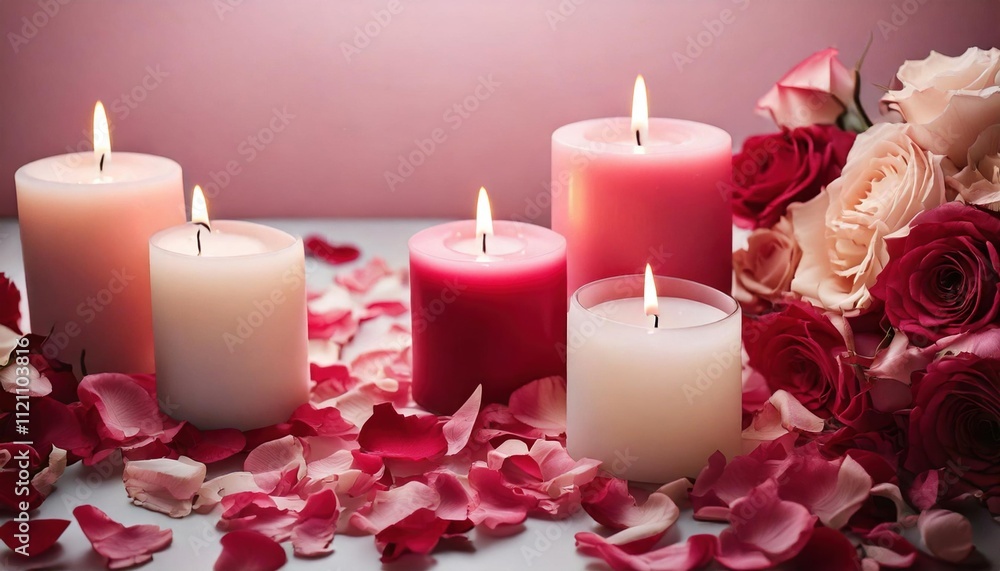 3D rendering of aromatic candles lit beside scattered rose petals, adding a romantic and calming touch to any space with soft lighting and fine details 3D rendering of aromatic candles lit beside scattered rose petals, adding a romantic and calming touch to any space with soft lighting and fine details