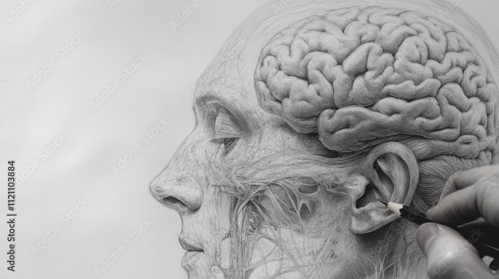 Intricate Pencil Drawing of Human Head, Brain, and Nerves Intricate Pencil Drawing of Human Head, Brain, and Nerves