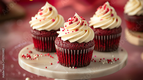 Four red velvet cupcakes, frosted with white frosting and decorated with sprinkles.