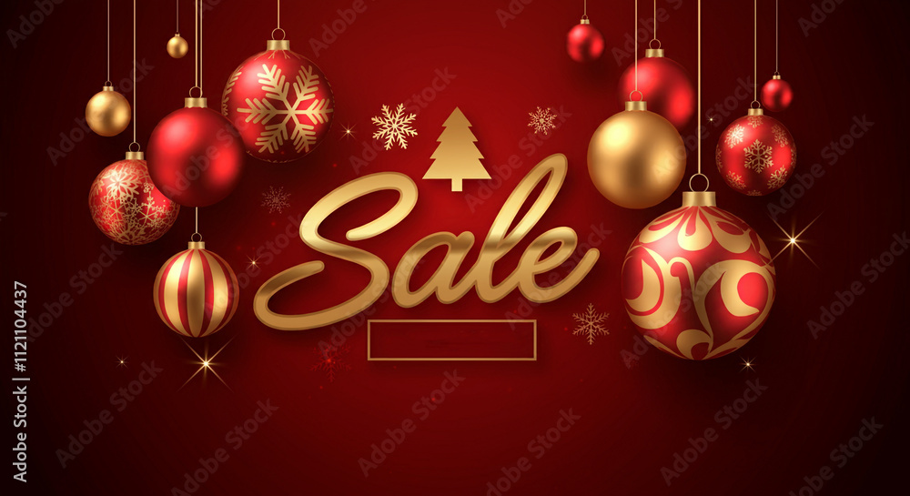 A vibrant red banner featuring golden text, ornaments, and a Christmas tree, designed for holiday sale promotions A vibrant red banner featuring golden text, ornaments, and a Christmas tree, designed for holiday sale promotions