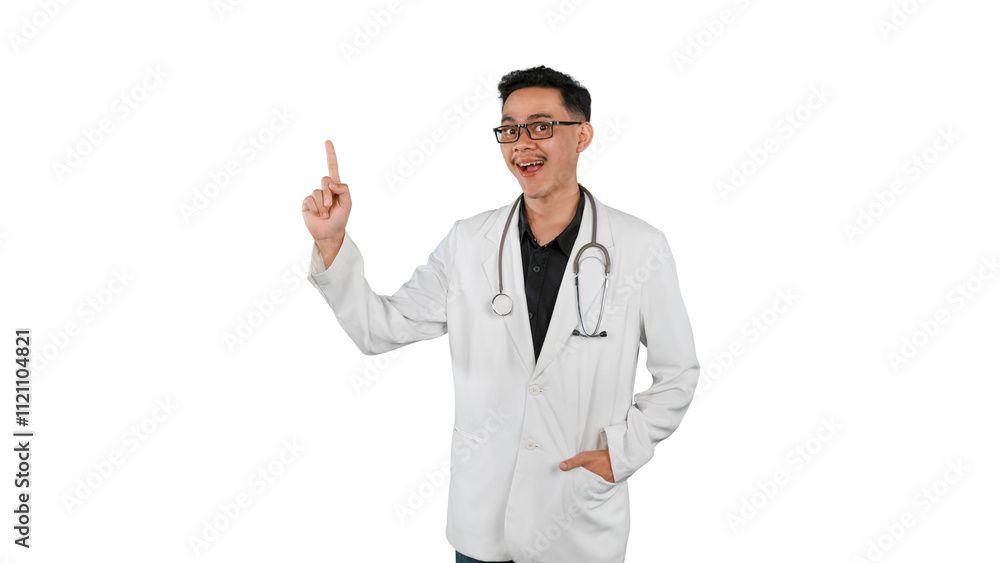 Smiling Doctor Pointing Upward with Excited Expression Smiling Doctor Pointing Upward with Excited Expression