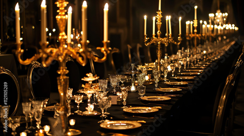 A long table, richly set with gold candle holders and glassware, is ready for a formal dinner.