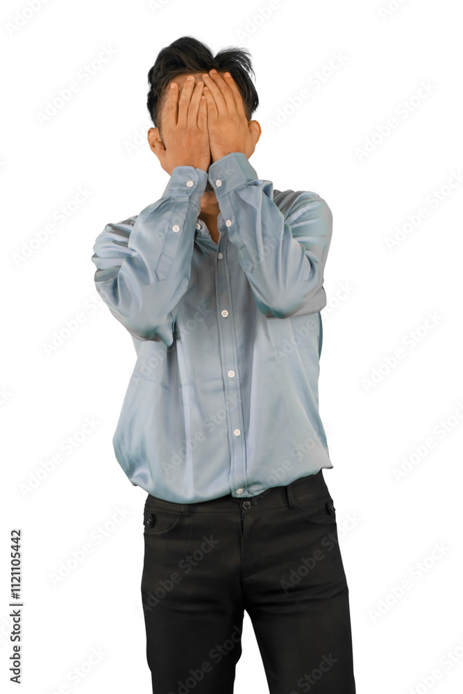 Man Covering Face with Both Hands in Formal Attire, Expressing Stress Man Covering Face with Both Hands in Formal Attire, Expressing Stress