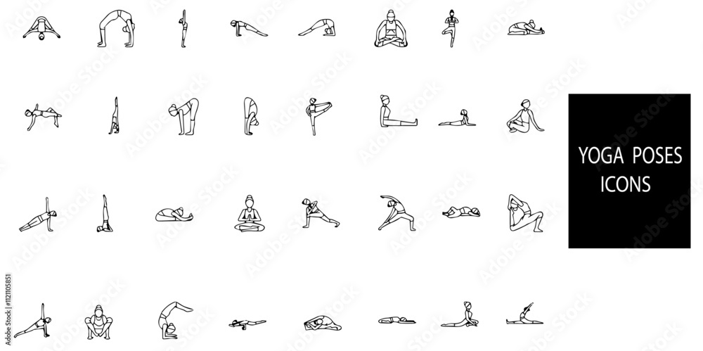 Set of 32 outline Yoga icons.Yoga line icons set.Vector illustration. Set of 32 outline Yoga icons.Yoga line icons set.Vector illustration.