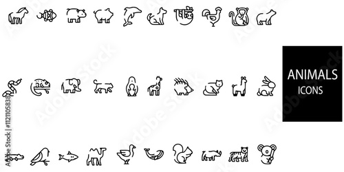 Animal simple concept 44 icons set. Contains such horse,fish,dolphin,cook,tiger,bird,snake,crocodaile,rabbitand panda.Vector illustration. photo