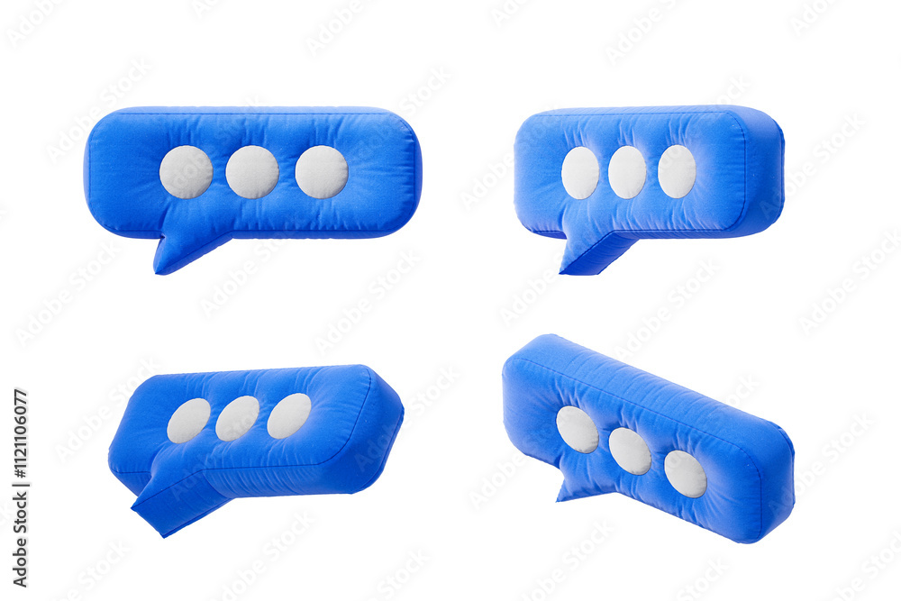 Blue plush speech bubbles with three white dots displayed in four different angles on white background. 3D Rendering Blue plush speech bubbles with three white dots displayed in four different angles on white background. 3D Rendering