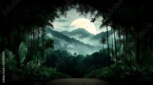 A border or frame with a bird of paradise motif for pictures and text.with unusual blue and orange blossoms.