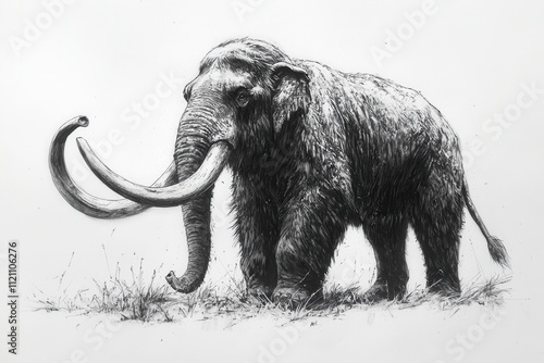 Detailed drawing of a woolly mammoth, standing in grass. Illustrates prehistoric wildlife; perfect for educational materials. photo