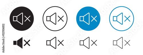 Set of 8 "Mute" icons with an unexpanded vector & 1 silhouette - Mute icon speaker with line through it, symbolizing the action of silencing or muting sound