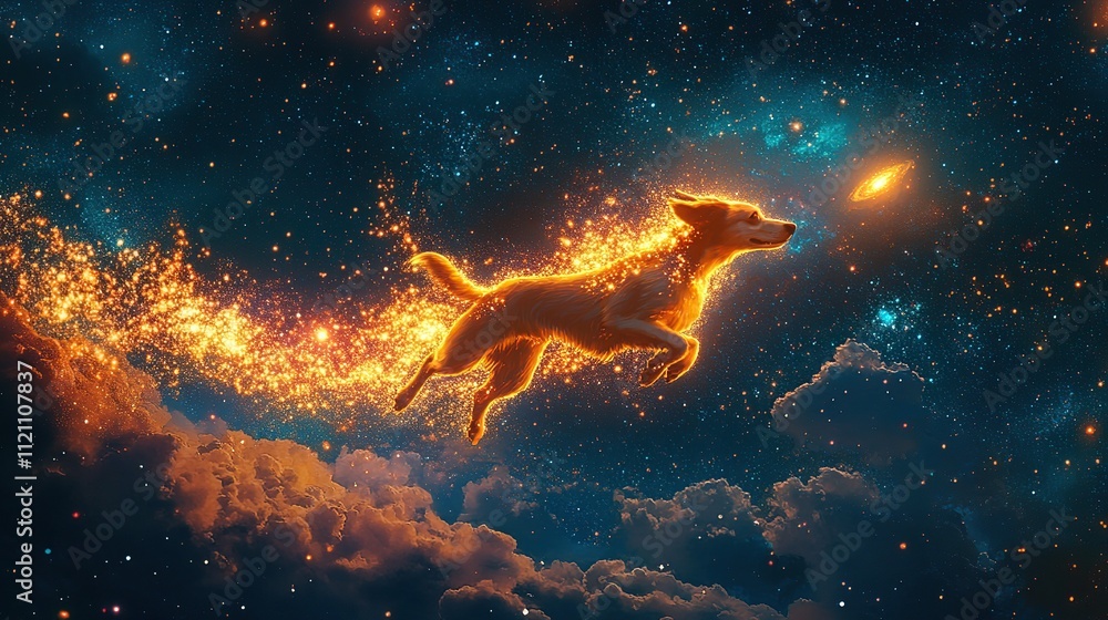 Obraz premium Fiery dog leaping through cosmos.